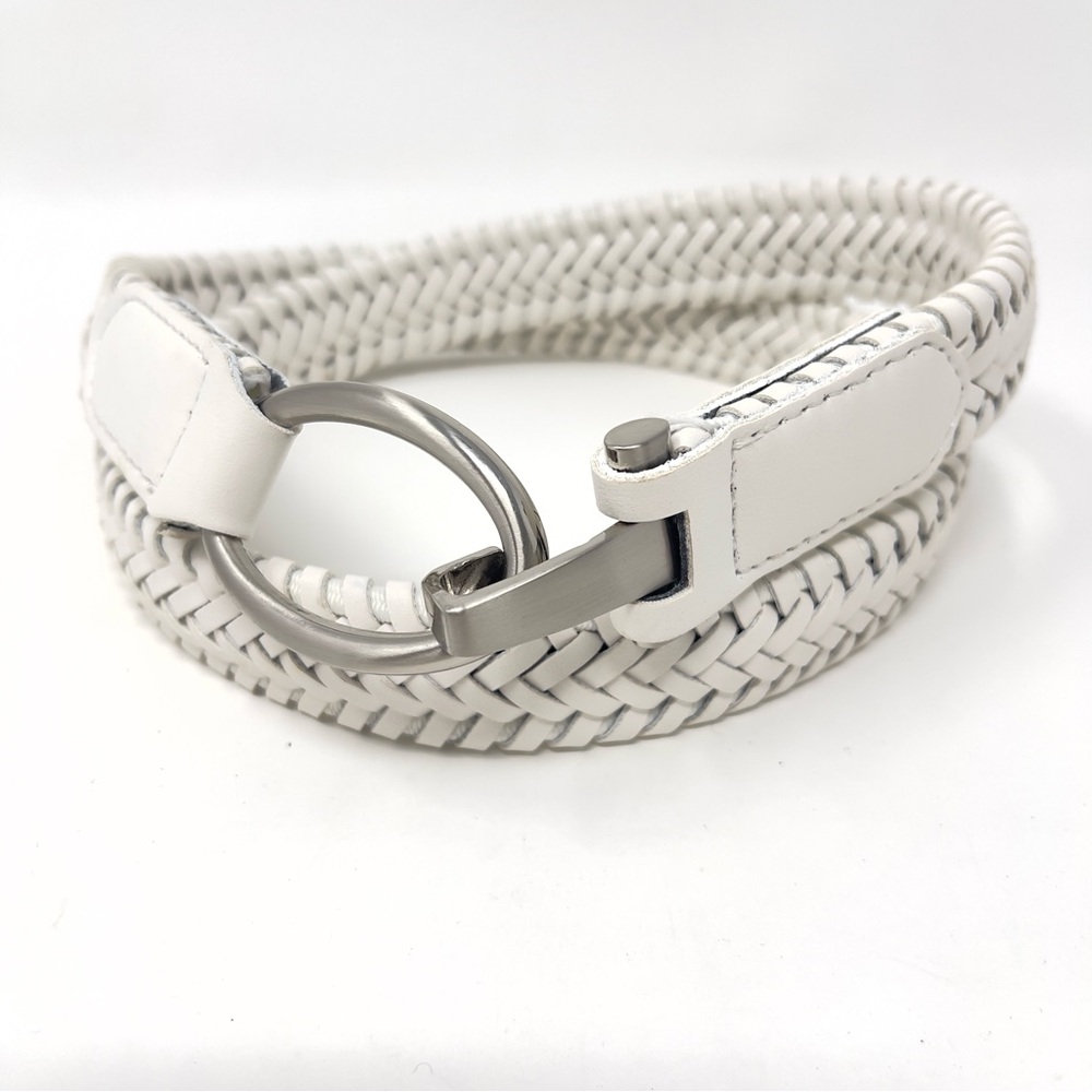 Vintage White Braided‎ Leather Belt Silver Ring Buckle, Minimalist